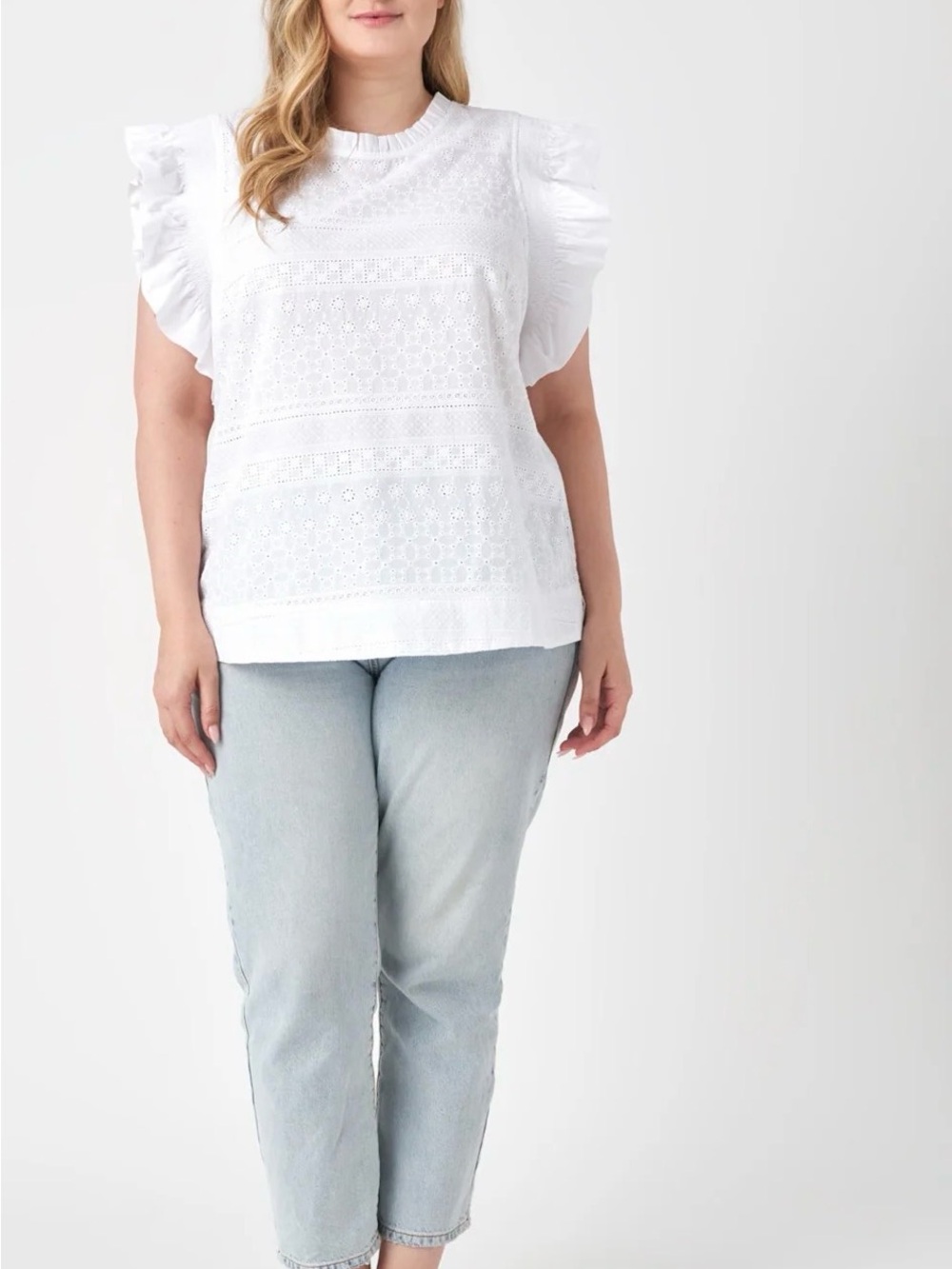 English Factory White Eyelet Embroidered Ruffle Sleeve Cotton Blouse Size 1X